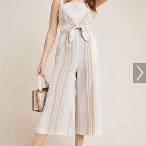 Anthropologie Romper savannah striped 14 Cream Tan Linen Blend